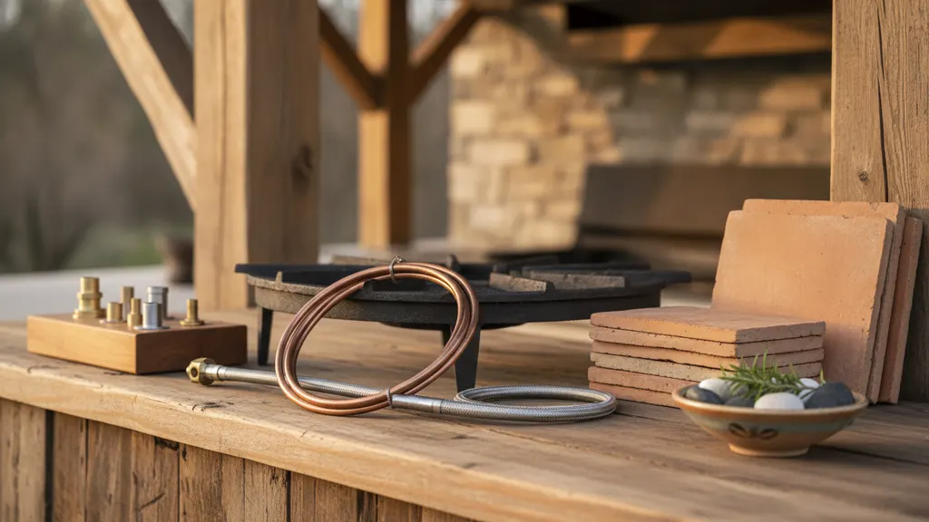 Covered outdoor kitchen island with a built-in grill, sink, and stainless steel storage doors under a cedar roof