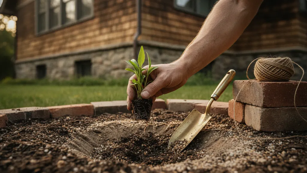 Newly planted rain garden basin with a stone inlet collecting roof runoff beside a brick home