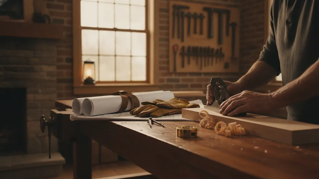 Craftsman hand-planing a red cypress board on a workbench in a mid-century home restoration workshop