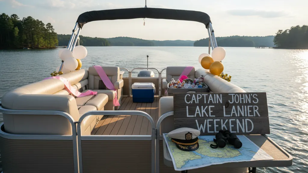 Flat-lay packing photo of cooler, sunscreen, hats, and reusable cups ready for a Lake Lanier bachelorette boat sail