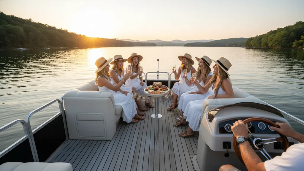 Bachelorette party charcuterie spread and champagne flutes on Lake Lanier sailboat cockpit table