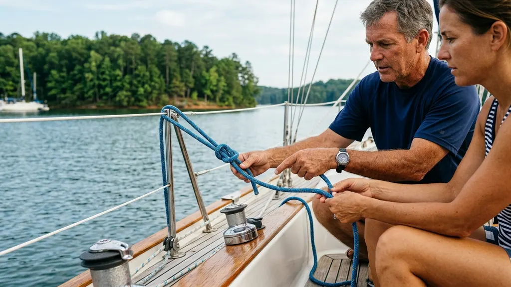 Sailboat sailing on Lake Lanier near Buford Dam with a beginner student at the helm during a lesson from Captain John Rice at Safe Harbor Aqualand Marina