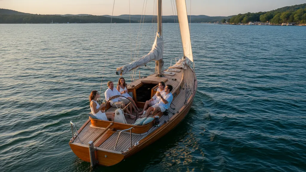 Sailboat anchored in a quiet Lake Lanier cove with a family swimming during the summer sailing window