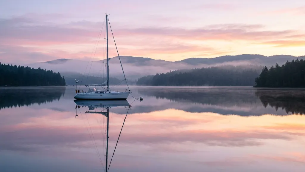 Sailboat on calm glassy Lake Lanier water at sunrise near Flowery Branch Georgia on a summer morning