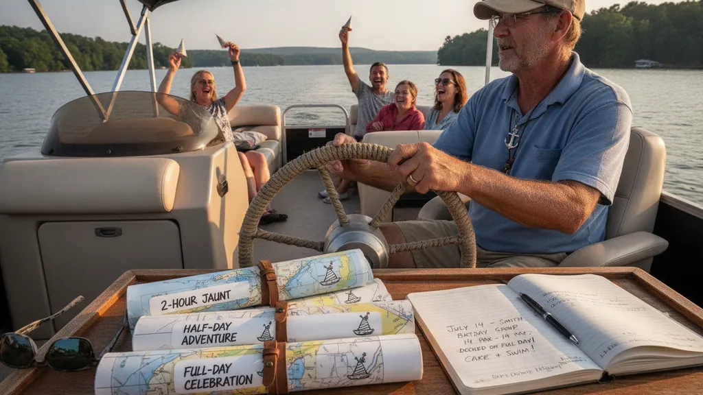 Birthday cake and party decorations arranged on the cockpit table of a private Lake Lanier sailing charter