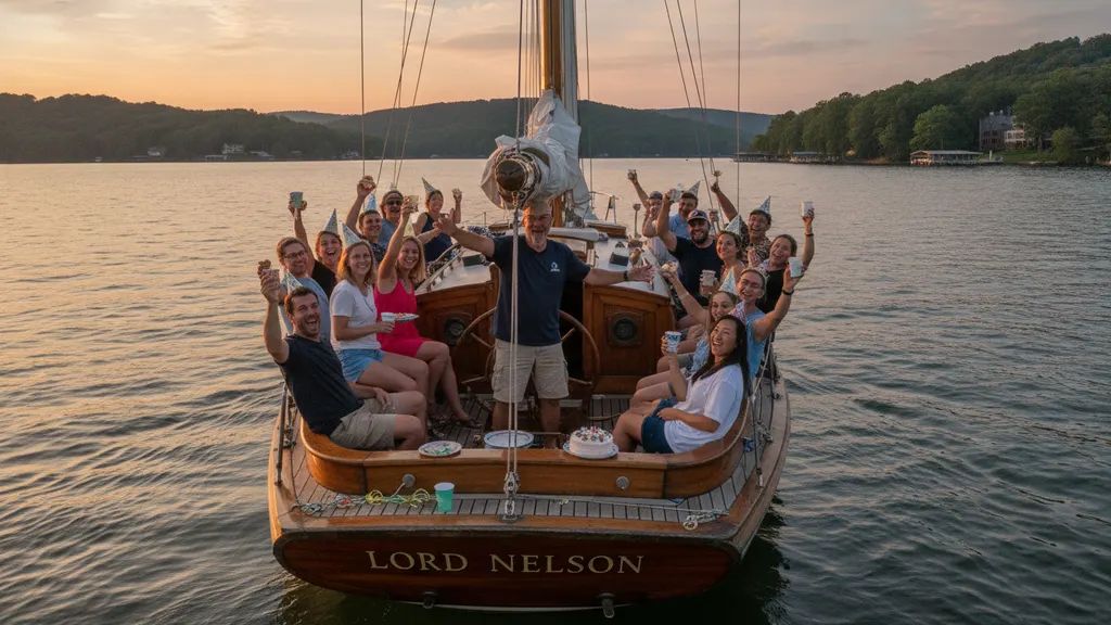 Lord Nelson sailboat anchored in a quiet Lake Lanier cove with birthday guests swimming nearby on a summer afternoon