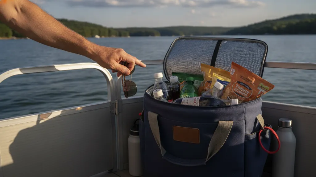 Cooler stocked with canned drinks and boxed wine aboard a Lord Nelson Charters BYOB boat charter Lake Lanier sunset sail out of Aqualand Marina