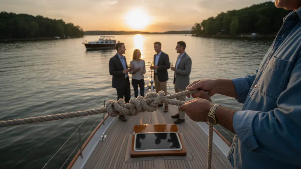 Business guests seated on the aft deck of a private sailboat charter on Lake Lanier during a weekday client outing