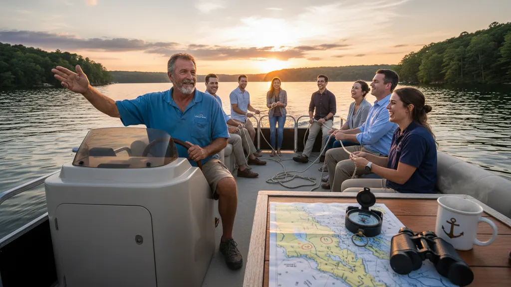 Captain John Rice at the helm during a corporate team building charter on Lake Lanier near Browns Bridge