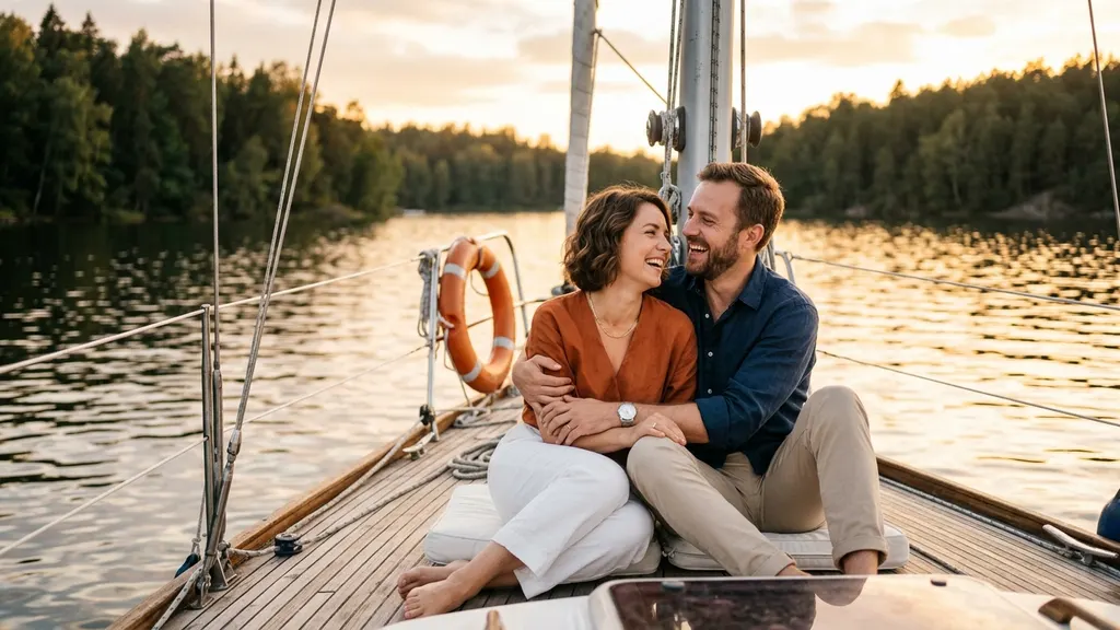 Couple holding hands on the bow of a Lord Nelson sailboat during a golden hour engagement photo session on Lake Lanier