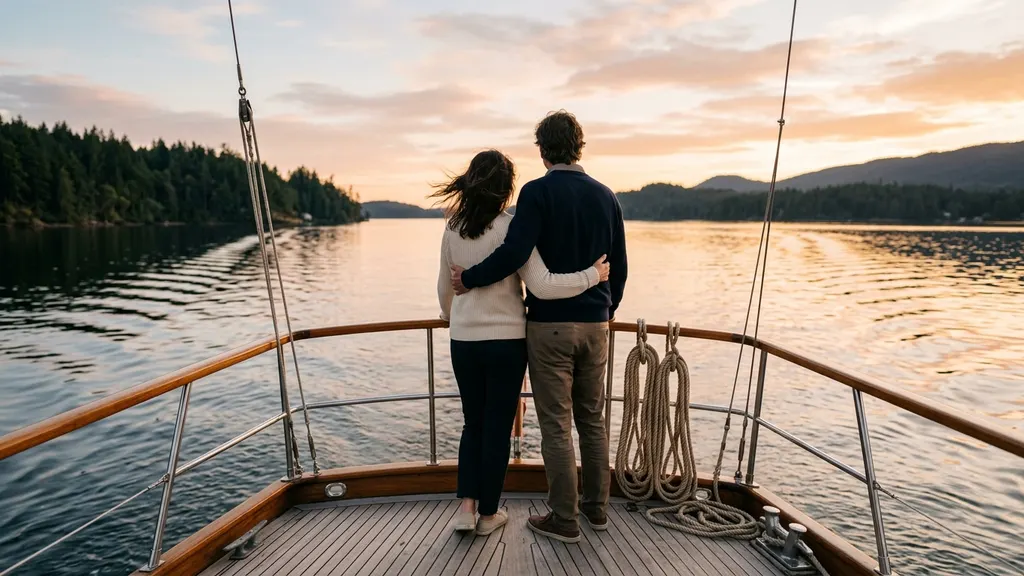 Photographer adjusting a long lens on the deck of a Lord Nelson sailboat during a Lake Lanier engagement photo session