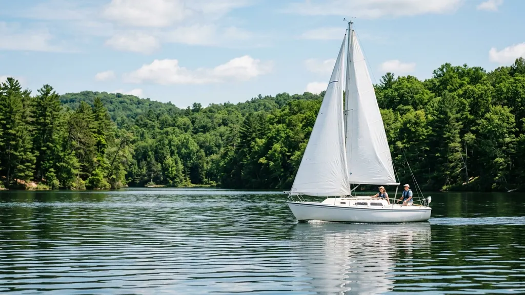Sailboat heeling under main and jib on Lake Lanier near Browns Bridge during a first-time charter from Dock Zk