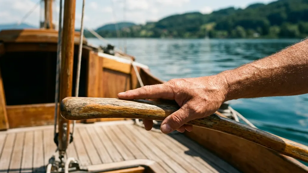 Captain John at the helm of the 35-foot keelboat on Lake Lanier with engine off and sails trimmed on a half-day charter from Aqualand Marina Dock Zk