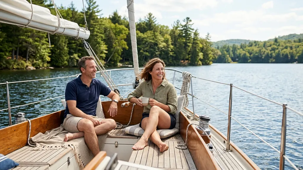 Guests in two light layers seated in the cockpit on a fall Lake Lanier sail with the tree line behind Holiday Road already showing color change