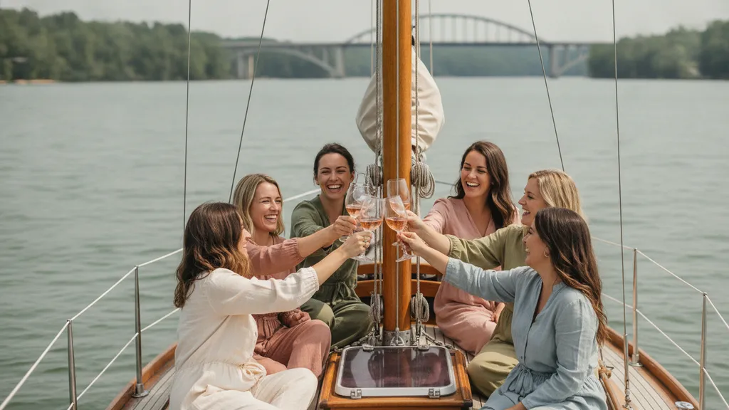 Group of women raising rosé glasses on a Lord Nelson sailboat anchored off Browns Bridge during a Lake Lanier girls trip