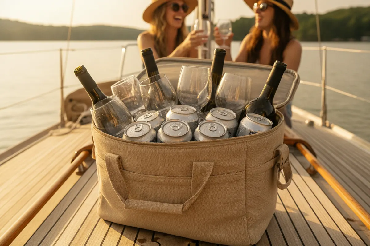Soft-sided cooler packed with rosé bottles, sparkling water cans, and stemless plastic glasses on the deck of a Lord Nelson sailboat on Lake Lanier