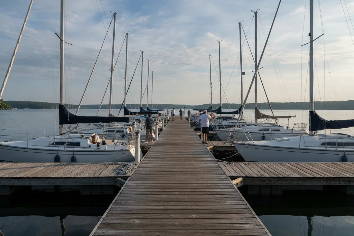 Aqualand Marina Dock Zk in Flowery Branch Georgia with sailboat masts and calm Lake Lanier water on a summer morning