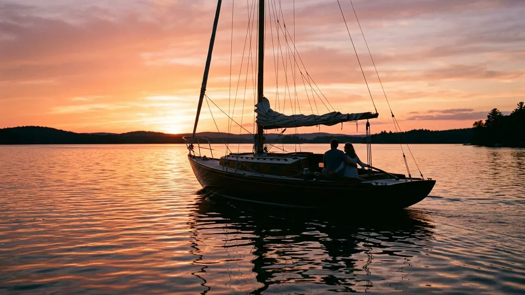 Lord Nelson sailboat under sail past Browns Bridge during a Lake Lanier sailing charter