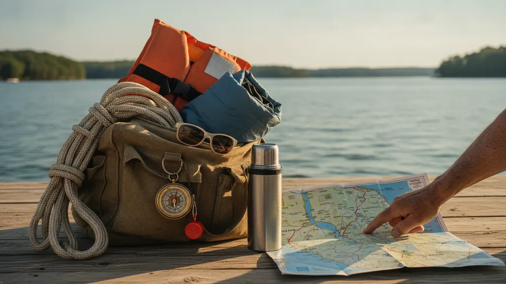 Sun hat, sunglasses, soft bag, towel, and life jacket laid out on a sailboat cockpit bench as a Lake Lanier charter checklist