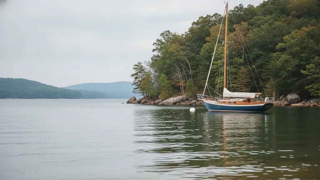 Lord Nelson sailboat anchored in a quiet cove on Lake Lanier during a full day sailing charter