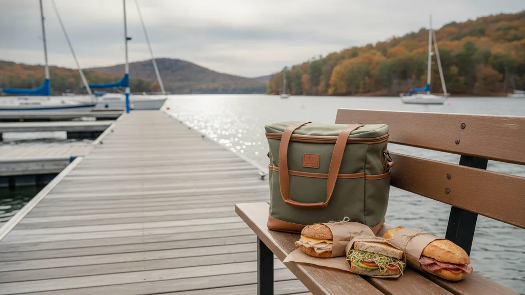 Soft-sided cooler and pre-made sandwiches staged at Dock Q before a full day sailing charter Lake Lanier
