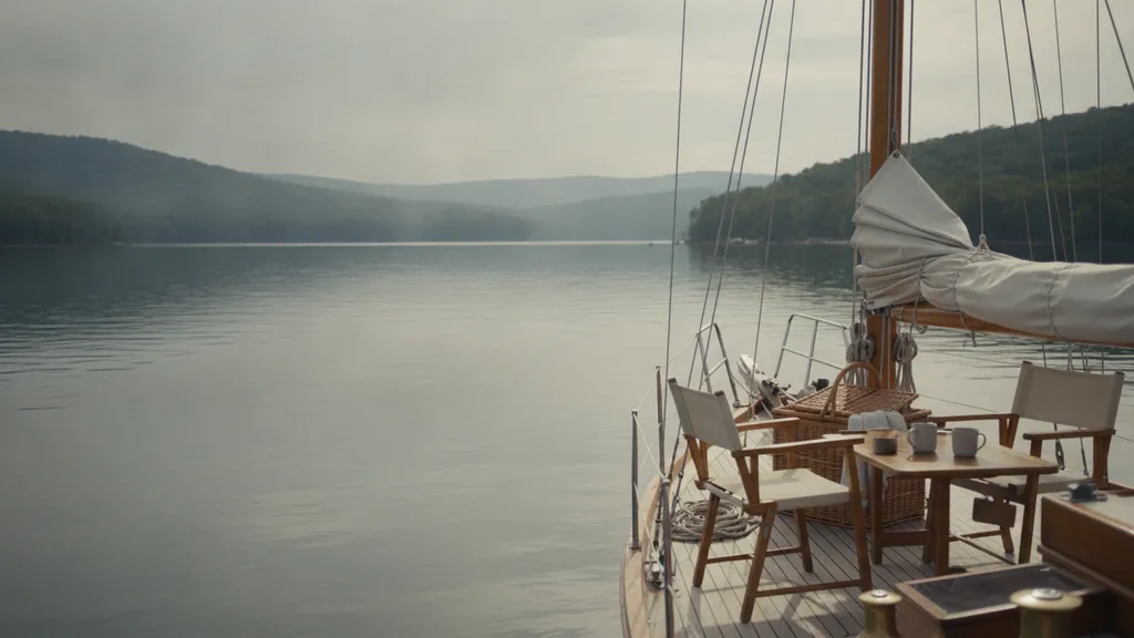 Two guests relaxing at anchor on Lake Lanier during a Lord Nelson Charters full day sailing charter