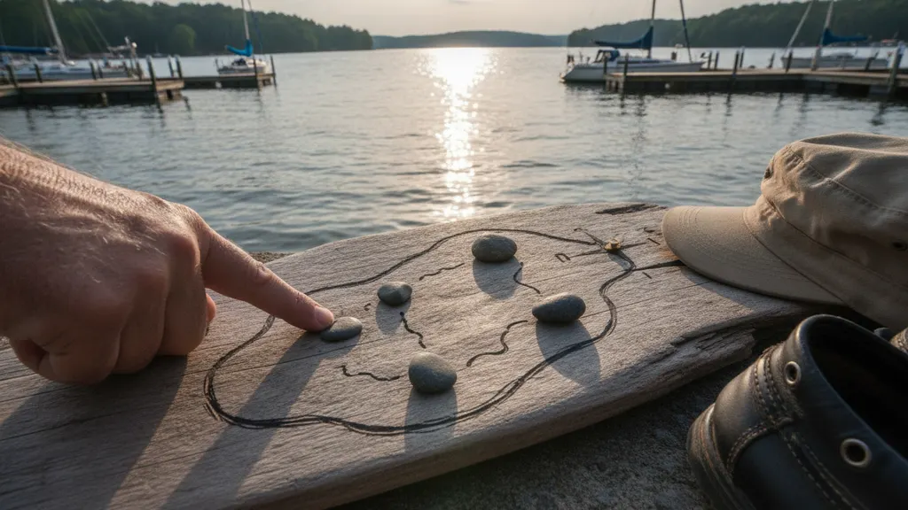 Sailboat tied in a floating dock slip at a Lake Lanier marina with guests boarding on a clear morning