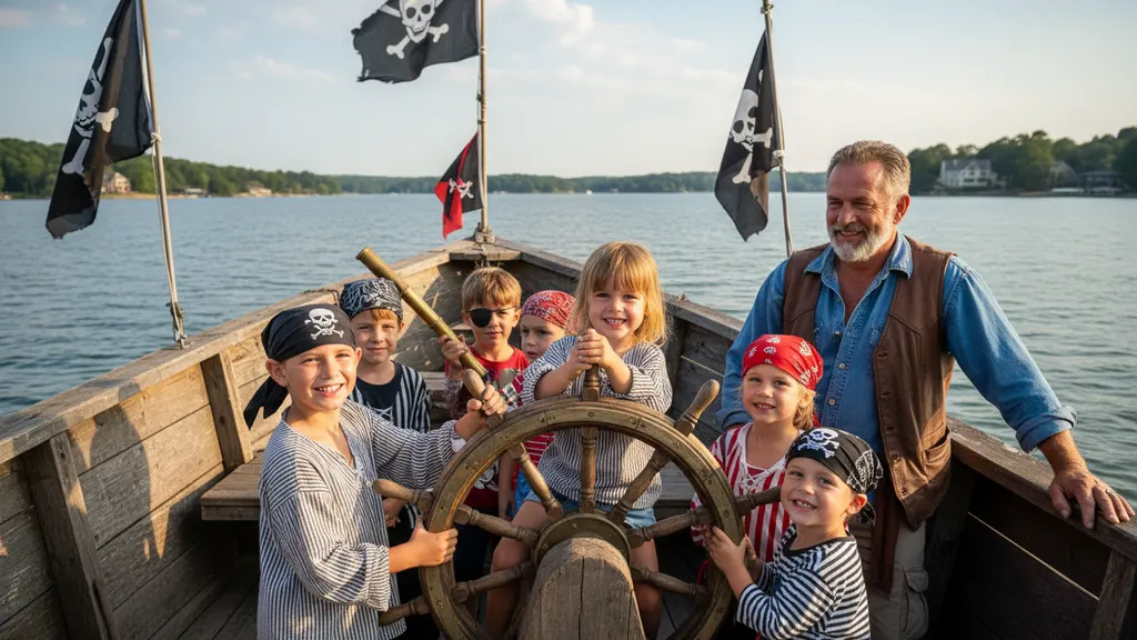 Family packing list bag with sunscreen, water bottles, towels, and pirate props for a Lake Lanier kids sailing charter