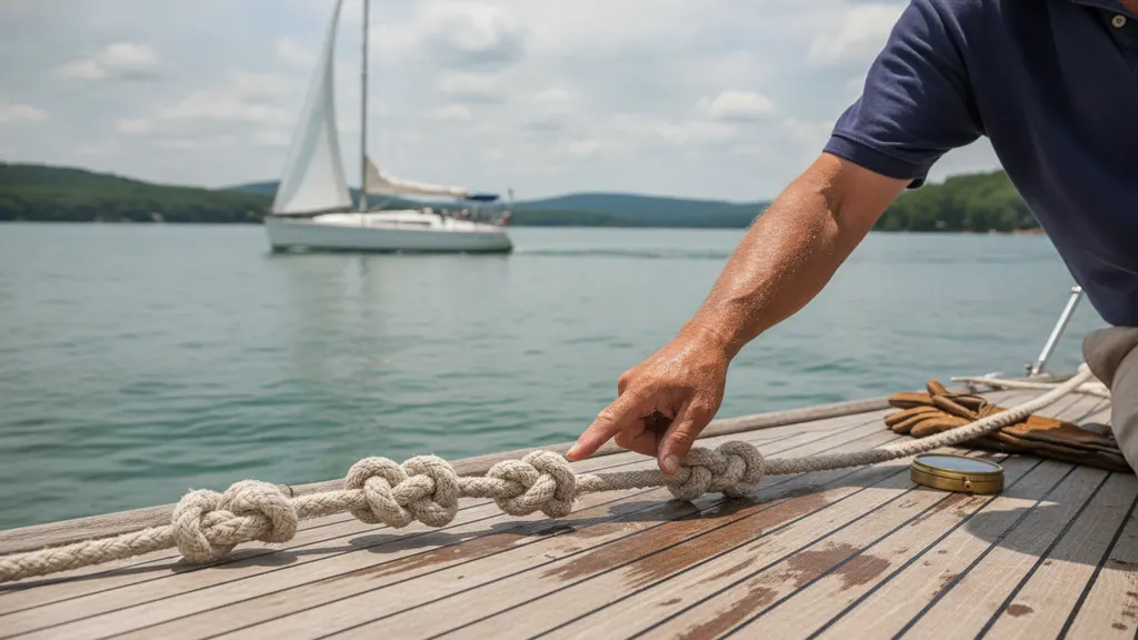Guest taking the helm during a hands-on sailing lesson aboard a private charter sailboat on Lake Lanier near Aqualand Marina
