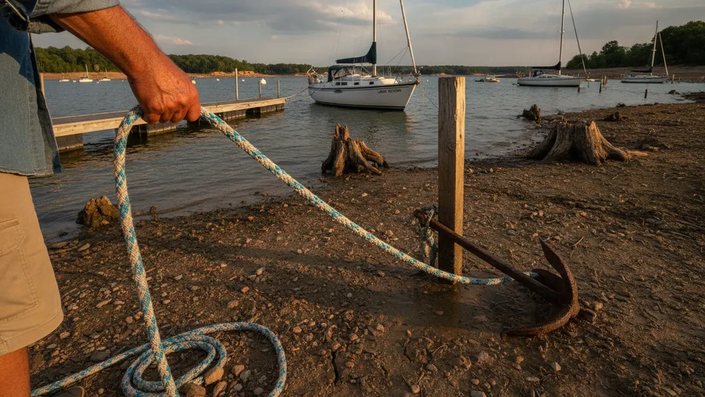 Exposed red clay shoreline and dock pilings showing low Lake Lanier water levels near Aqualand Marina