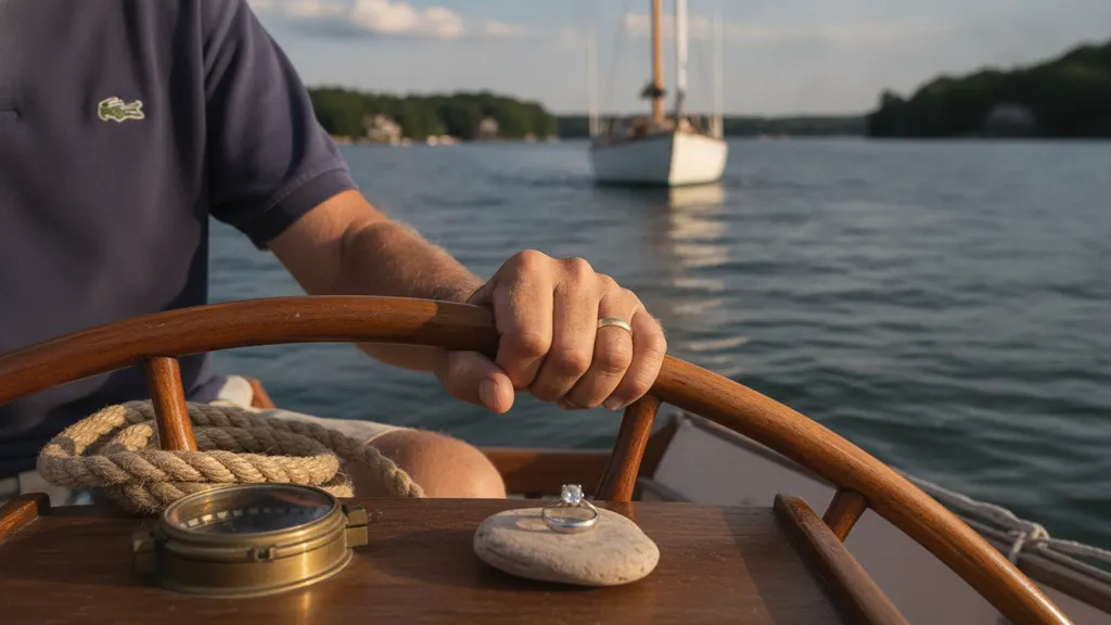Couple at the bow of a sailboat during a sunset engagement sail on Lake Lanier near Browns Bridge