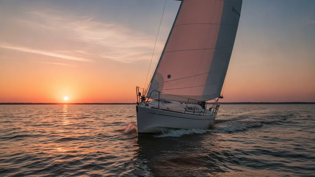 Sailboat heeling on Lake Lanier at golden hour during a private proposal charter off the Flowery Branch shoreline