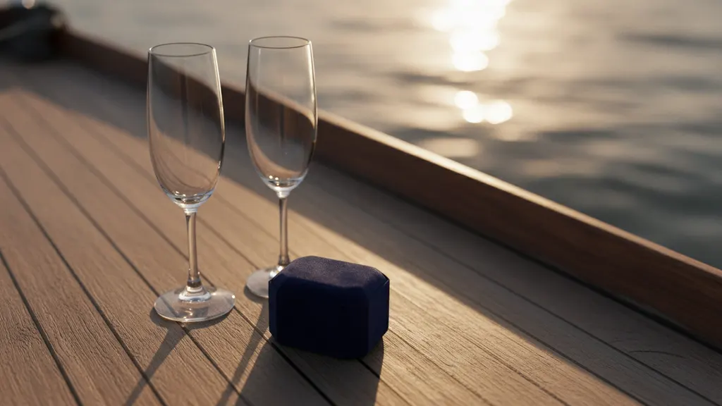 Ring box and champagne flutes on sailboat deck at Aqualand Marina ready for a Lake Lanier proposal charter
