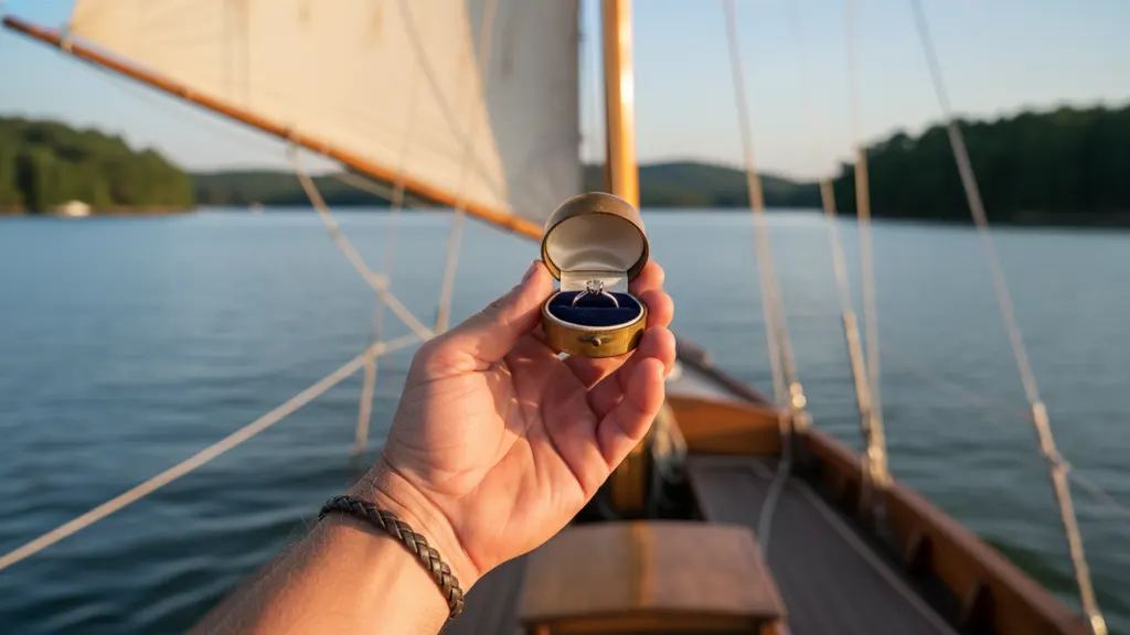 Sunset light across Lake Lanier from the deck of a private sailboat near Aqualand Marina at Dock Q
