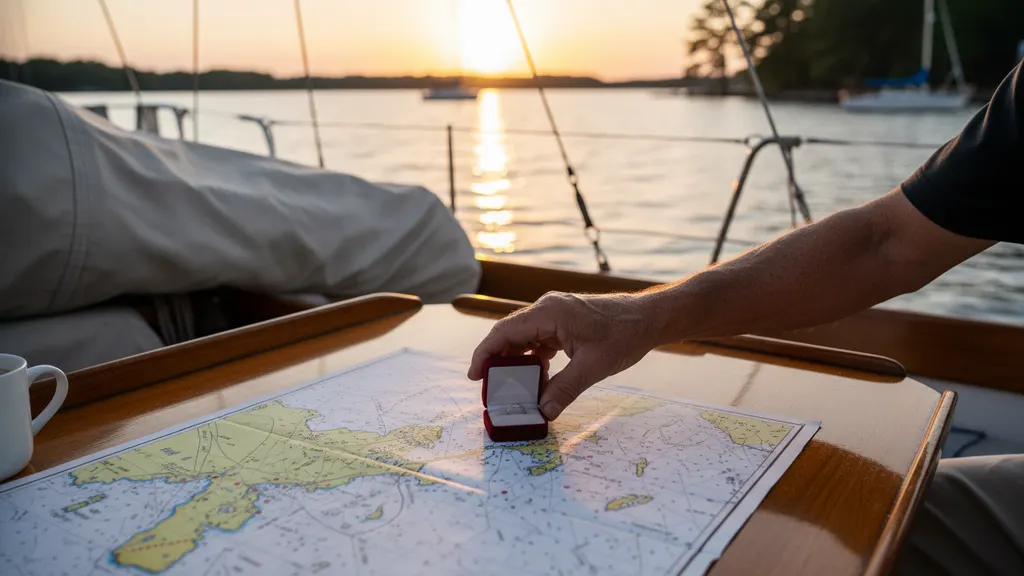 Engagement ring presented on the bow of a sailboat during sunset on Lake Lanier with the Browns Bridge skyline
