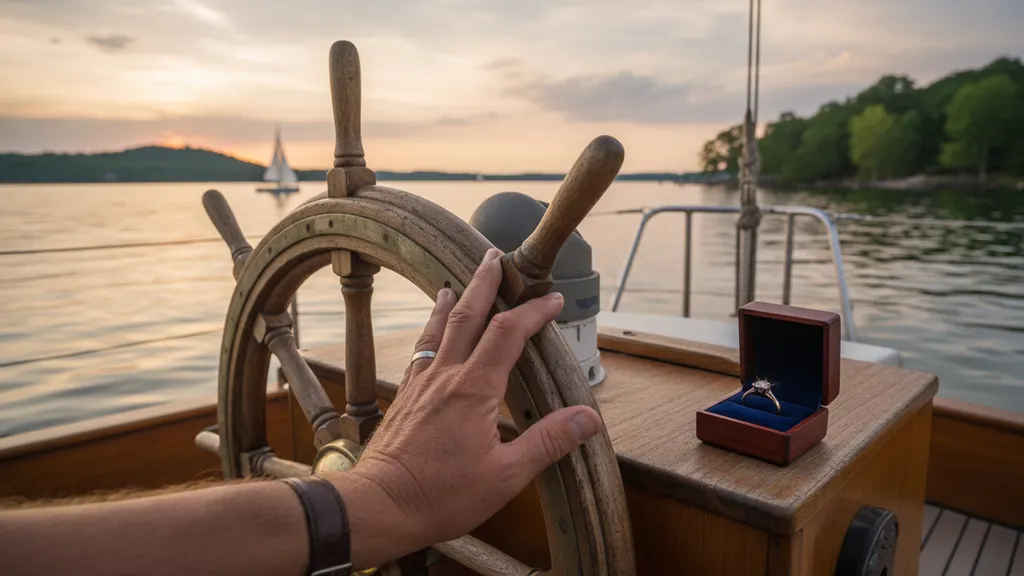 Captain John Rice at the helm of the Lord Nelson sailboat departing Dock Q at Aqualand Marina on Lake Lanier