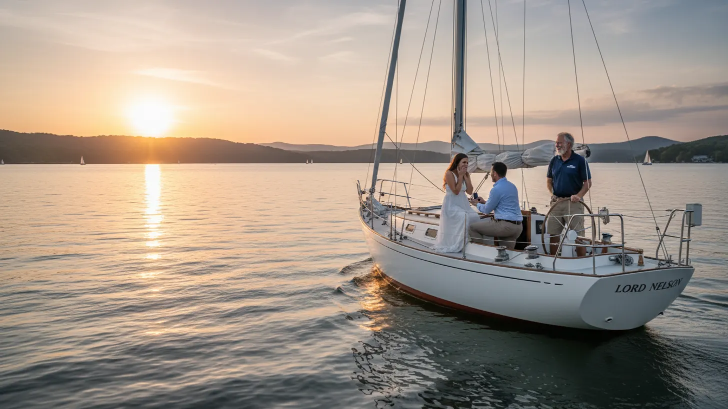 Sailboat proposal on Lake Lanier at sunset with Lord Nelson Charters
