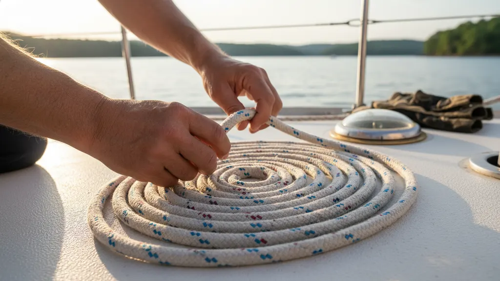 Beginner student steering a 28-foot sloop during sailing lessons Lake Lanier on open water
