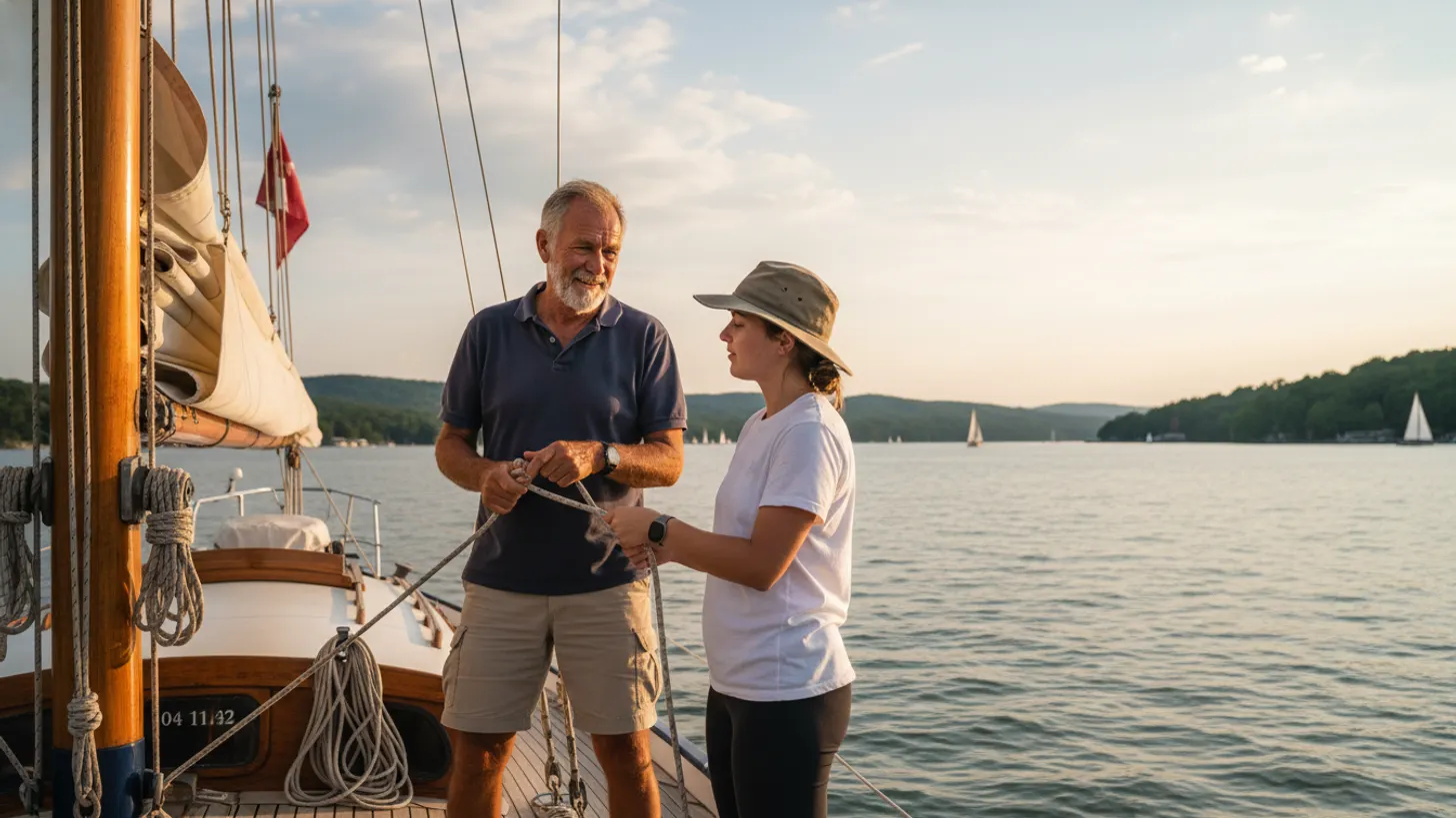 Captain John teaching a beginner to sail on Lake Lanier