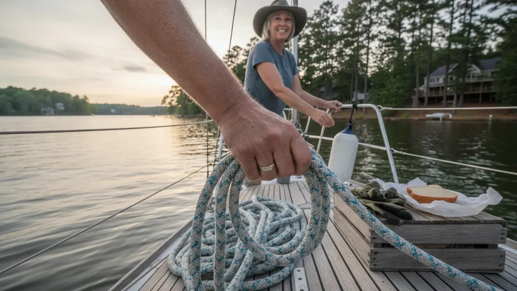 Two young kids taking a turn at the wheel of a sailboat on Lake Lanier with Captain John supervising the helm