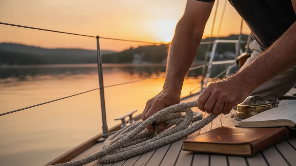 Sunset sailing Lake Lanier view from the cockpit with sails backlit by golden hour light over open water