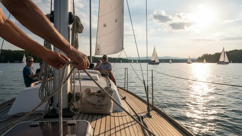 Guests on a Lake Lanier Wednesday group sail watching the shoreline near Browns Bridge under sail