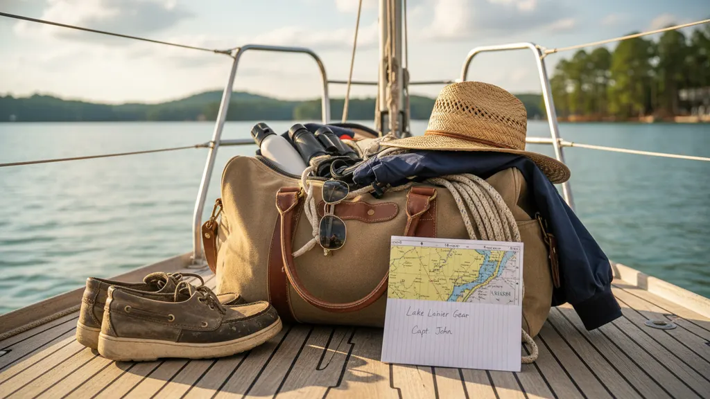 Sun protection gear and sunscreen laid out before a Lake Lanier sailing charter