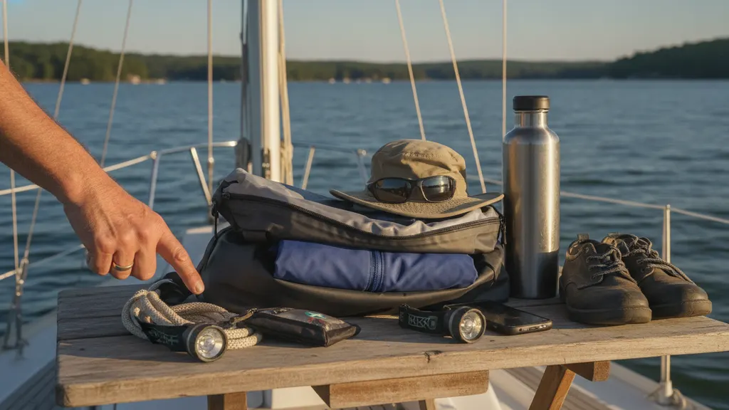 Sailing charter packing list items laid out on the Lake Lanier dock at Aqualand Marina