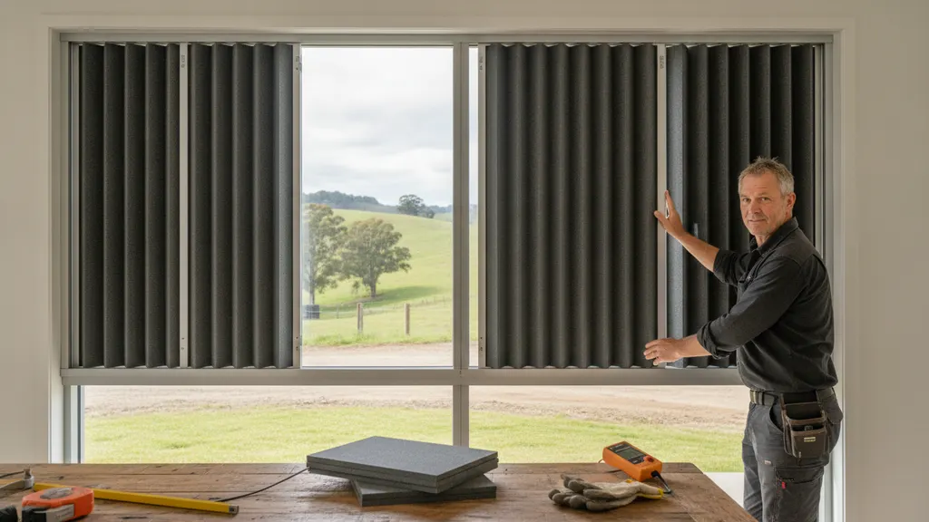 Solid panel plantation shutters closed across a bedroom window in a NSW home beside a busy road to reduce traffic noise