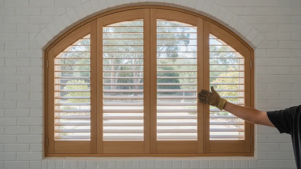Installer holding a cardboard template against an arched timber window frame before custom plantation shutters are made