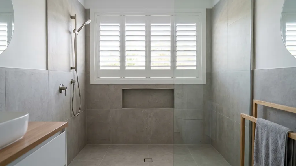 Aluminium venetian blinds fitted above an Australian bathroom bath showing slat ventilation in a steamy wet zone