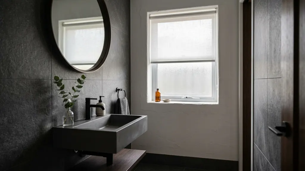 Side-by-side of a mould-streaked fabric roller blind removed from a Griffith NSW bathroom against the PVC roller replacement fitted in its place, showing moisture damage accumulation after three years of wet-zone use
