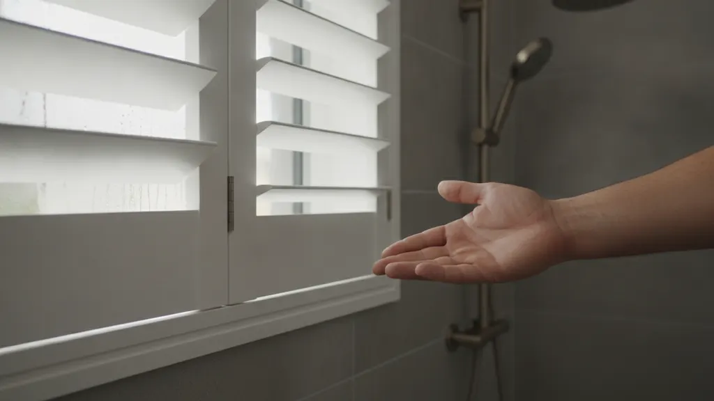 White PVC plantation shutters fitted to a frosted ensuite bathroom window in a renovated NSW home