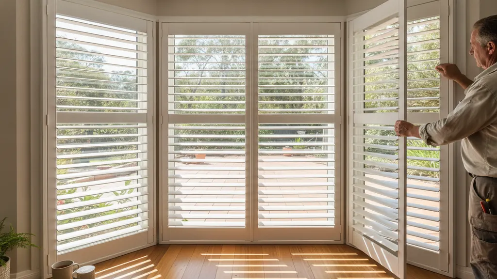 Plantation shutters fitted to a three-sided bay window in a Temora NSW living room, hinged panels folded back to leave the sill and window seat clear